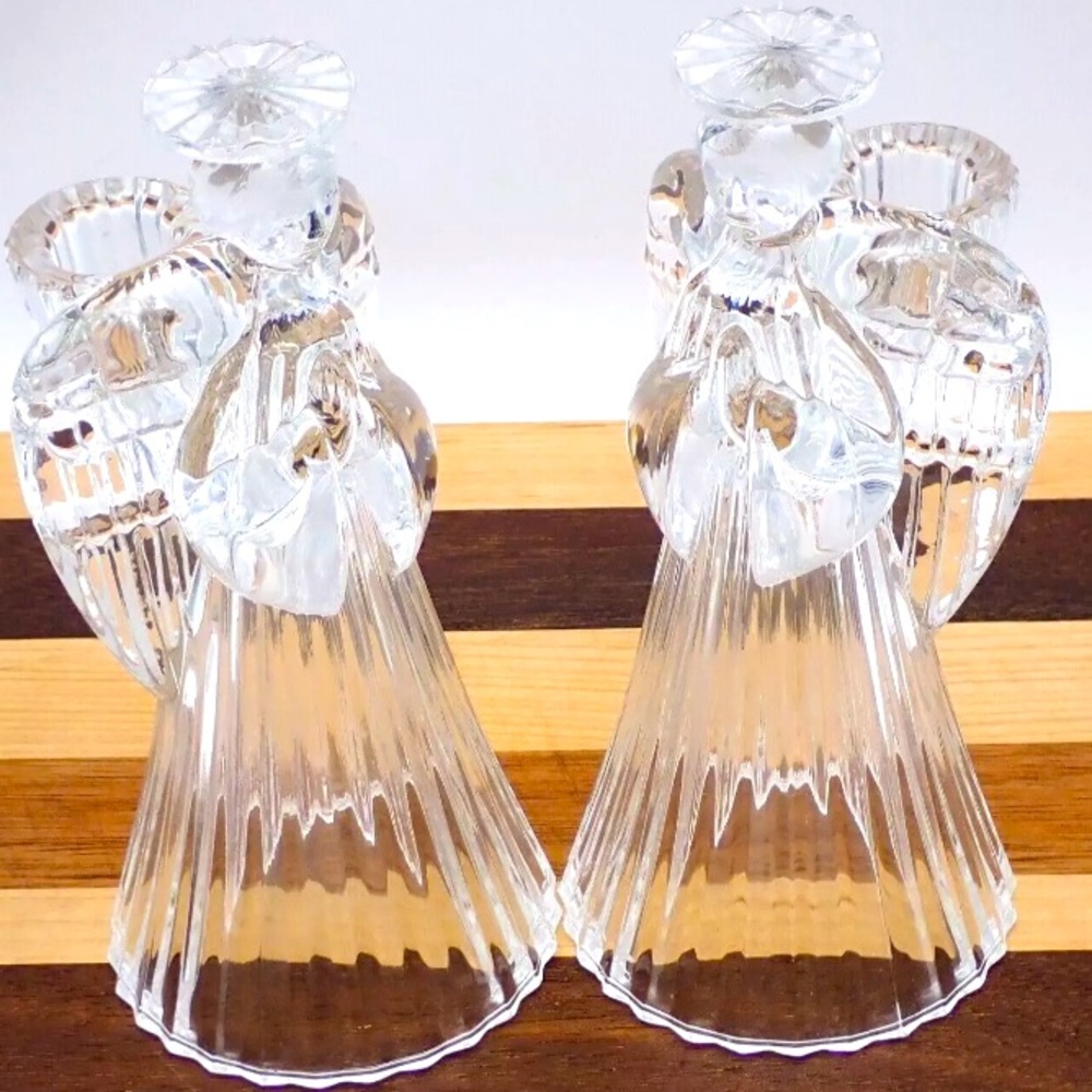 Vintage American Crystal Collection Angel Candle Holders Clear Glass Figurines